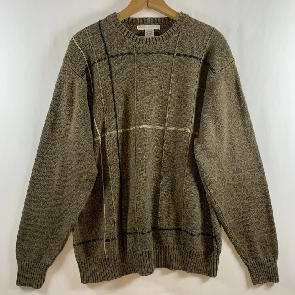 Vintage Geoffrey Beene Mens Cotton Crewneck Sweater XL Olive‎ Brown Preppy Dad